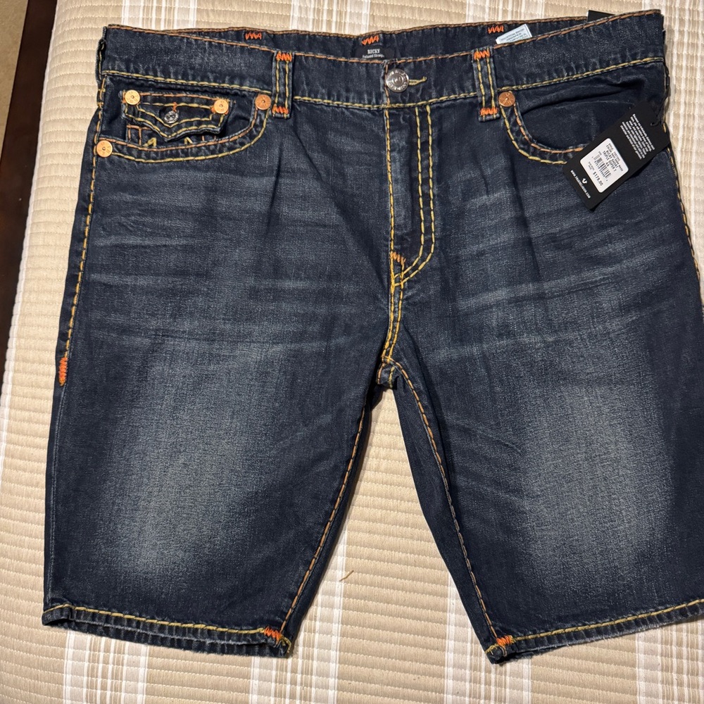 True Religion Dark Blue Ricky Jean Shorts with Orange Stitching